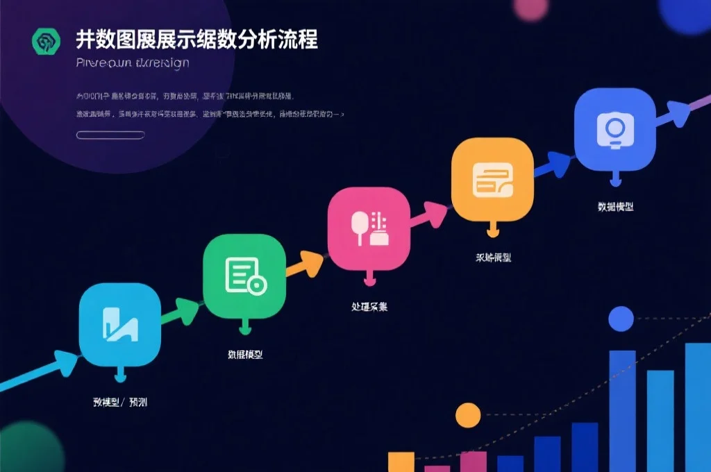 抽象图展示数据分析流程,包括采集、处理、建模与预测,每一步用不同颜色和图标表示,突出数据流动与逻辑关系